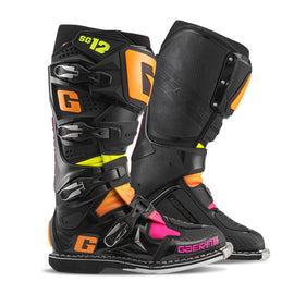 Gaerne SG12 Le motorcycle boots in black, orange, and pink with size 8, featuring durable design and secure fit.