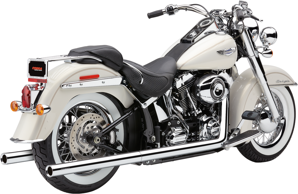 Cobra Bad Hombre true dual exhaust system with chrome finish for Harley Softail 2012-2017, featuring dual mufflers and chrome tips.