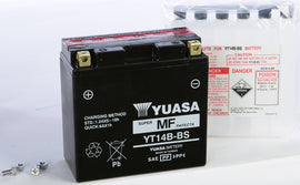 Yuasa YT14B-BS maintenance-free motorcycle battery with terminals and case, designed for reliable power.
