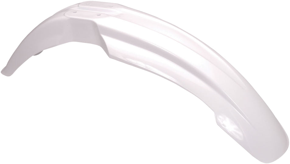 White Acerbis front fender for motorcycles, showing smooth curved design and mounting points on a neutral background.