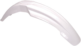 White Acerbis front fender for motorcycles, showing smooth curved design and mounting points on a neutral background.