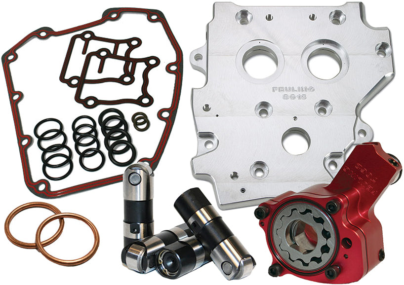 Feuling Race Series engine oiling system with metal components and fittings, designed for high-performance motorcycle engines.