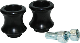 VORTEX Swingarm Spools 8mm black honed finish for motorcycle body, showing close-up of spool mounting hardware and sleek design.