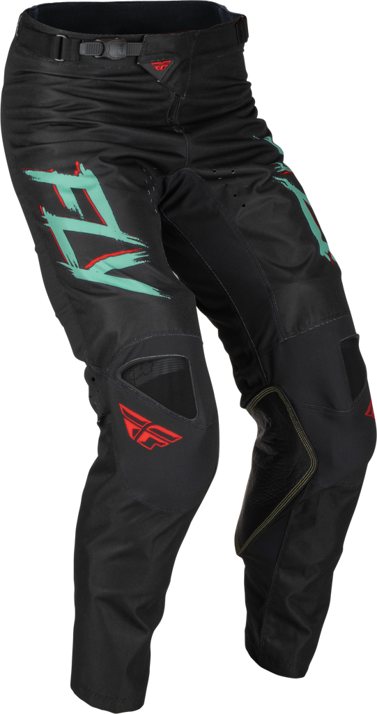 Fly Racing Kinetic S.E. Rave Pants in black, mint, and red, size 38, featuring lightweight, durable riding gear with color accents.