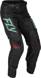 Fly Racing Kinetic S.E. Rave Pants in black, mint, and red, size 38, featuring lightweight, durable riding gear with color accents.