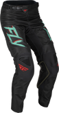 Fly Racing Kinetic S.E. Rave Pants in black, mint, and red, size 38, featuring lightweight, durable riding gear with color accents.