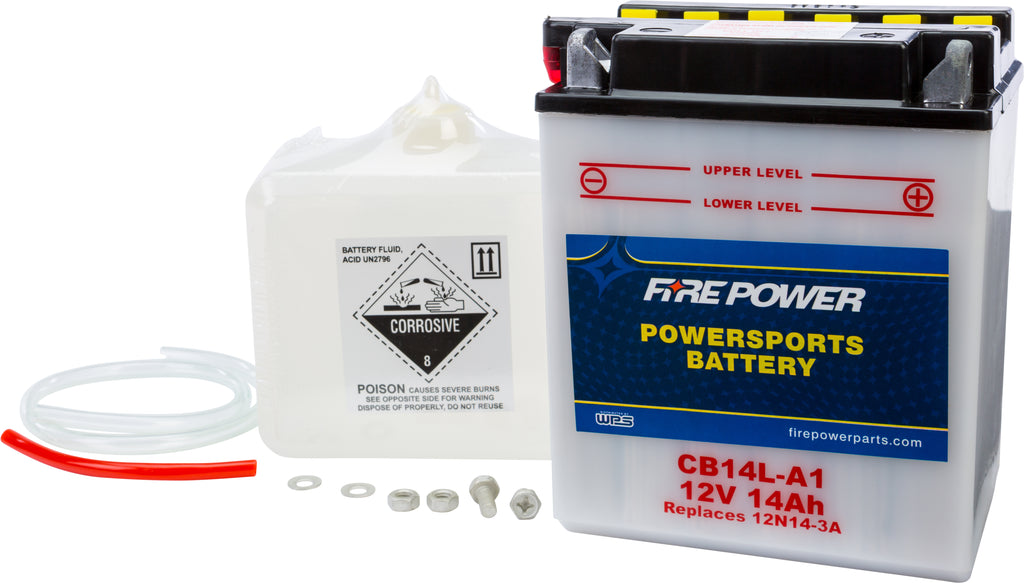 Fire Power CB14L-A1 12V heavy-duty automotive battery with acid, shown with terminals and battery case.