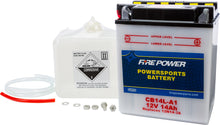 Load image into Gallery viewer, Fire Power CB14L-A1 12V heavy-duty automotive battery with acid, shown with terminals and battery case.