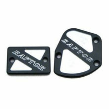 Load image into Gallery viewer, Black ModQuad throttle and brake cover set with logo, designed for Raptor models, shown on a body part.