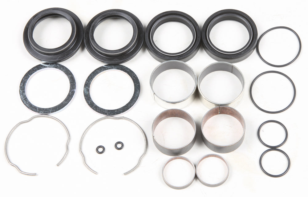 Pivot Works Suspension Seal and Bushing Kit for forks, showing various new seals and bushings for motorcycle suspension maintenance.