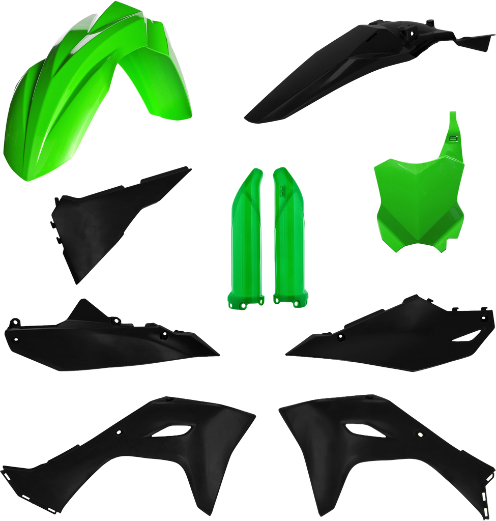 Acerbis full plastic motorcycle body kit in Kaw Green and black, includes front and rear panels for Kawasaki models.