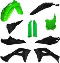 Load image into Gallery viewer, Acerbis full plastic body kit in Kaw Green and Black for motorcycle, includes front and side panels, durable plastic construction.