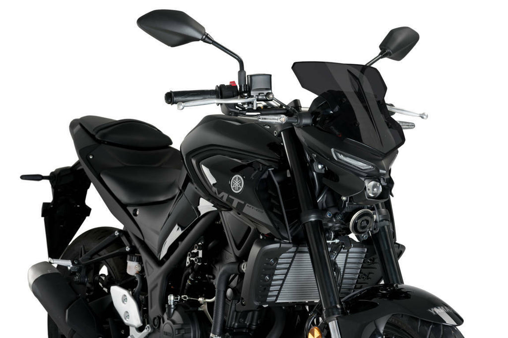 PUIG naked new generation sport dark smoke windscreen mounted on motorcycle, featuring aerodynamic design and tinted finish.