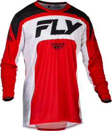 Fly Racing Youth Lite Jersey in red, white, and black, size YXL, featuring lightweight, breathable fabric with bold color block design.