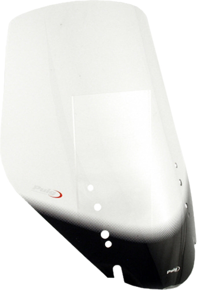 Clear PUIG touring windshield for motorcycle, showing the transparent windscreen with mounting brackets and aerodynamic design