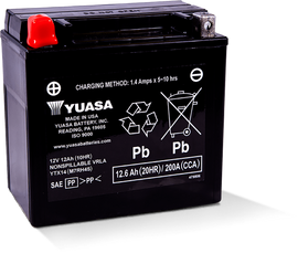 Yuasa YTX14 sealed, factory-activated motorcycle battery with positive and negative terminals visible.
