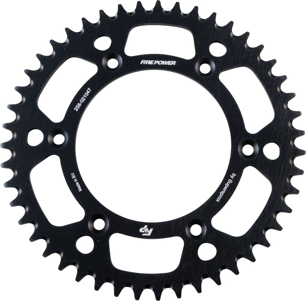 Fire Power 47-tooth aluminum rear sprocket for Honda CRF250, black color with gear teeth visible and brand markings.