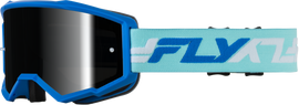 Fly Racing Youth Zone goggles with blue and white frame, black mirror, and smoke lens for motocross or off-road riding.