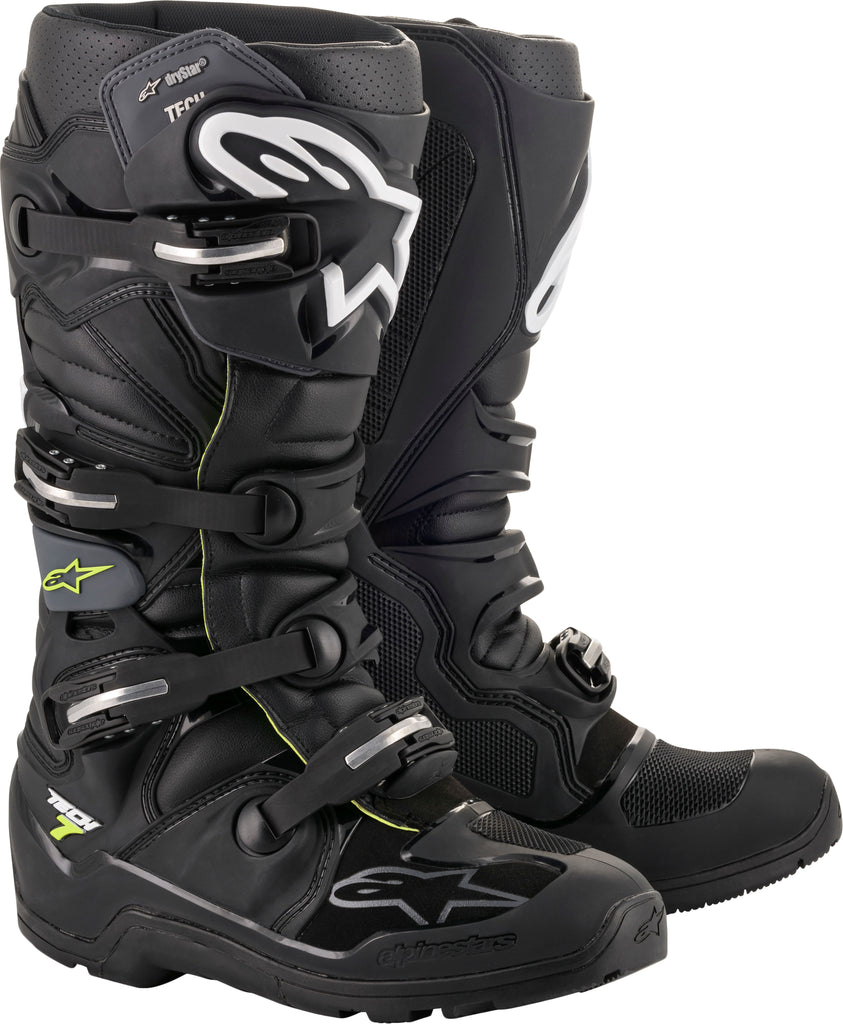 Alpine Star Tech 7 Enduro DS motorcycle boots in black and grey, size 8, with sturdy construction and protective design.