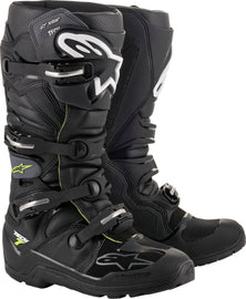 Alpine Star Tech 7 Enduro DS motorcycle boots in black and grey, size 13, showing sturdy design and protective features.