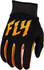 Fly Racing Youth F-16 gloves in black, yellow, and orange, featuring padded palms and adjustable wrist closures.