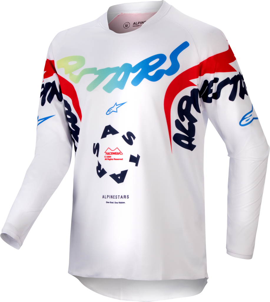 Youth Alpine Star Racer Hana jersey in white with multicolor accents, displayed flat with visible branding and vibrant design details.