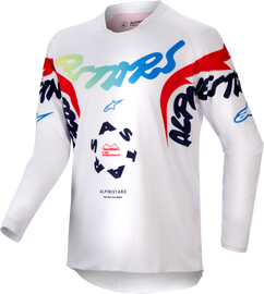 Alpine Star Youth Racer Hana Jersey in white and multicolor, front view showing vibrant design and breathable fabric for young racers.