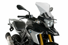 Load image into Gallery viewer, PUIG touring smoke windscreen for BMW motorcycle, clear curved windshield with mounting hardware visible