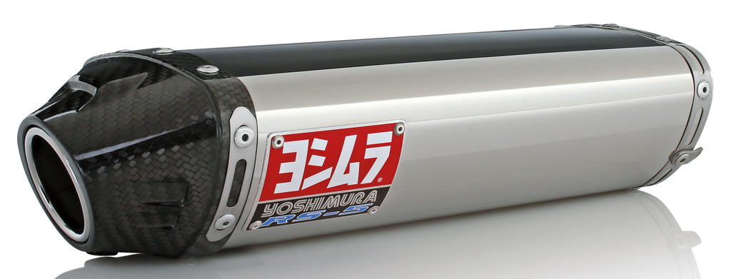 Yoshimura Street RS-5 slip-on exhaust for motorcycles, featuring stainless steel and carbon fiber components.