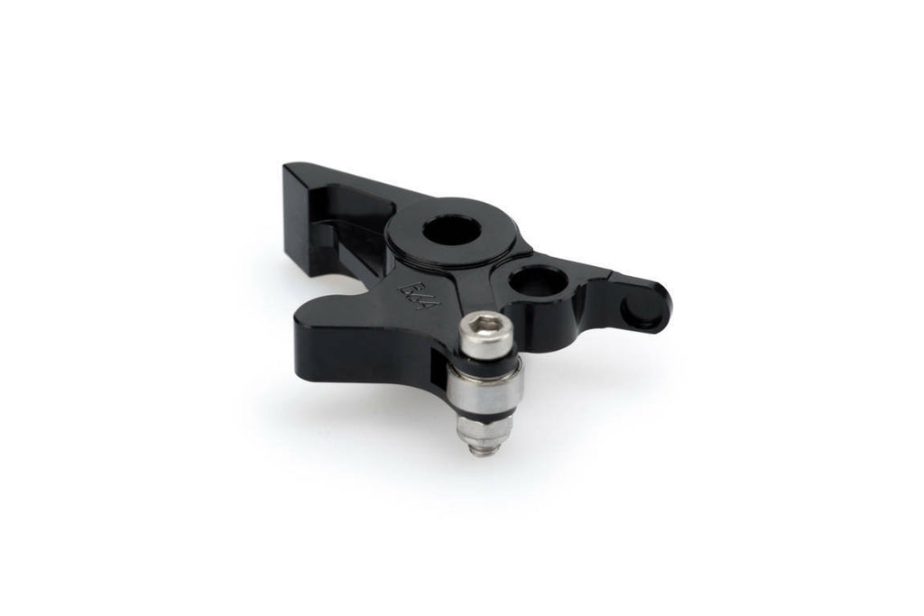 Black PUIG lever adapter for motorcycle brake lever, showing the sleek metal design and mounting components.