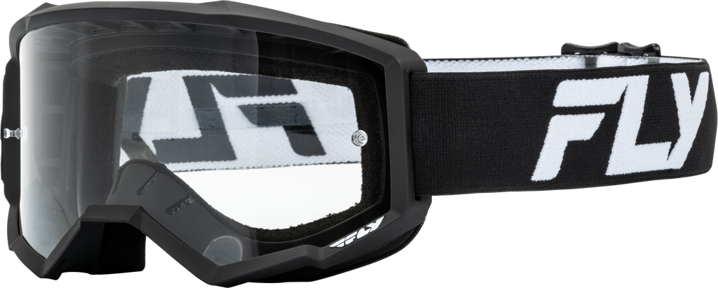 Fly Racing youth Focus motocross goggles with black and white frame and clear lens, designed for young riders.