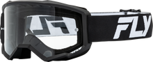 Load image into Gallery viewer, Fly Racing youth Focus motocross goggles with black and white frame and clear lens, designed for young riders.