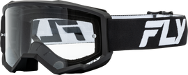 Fly Racing youth Focus motocross goggles with black and white frame and clear lens, designed for young riders.