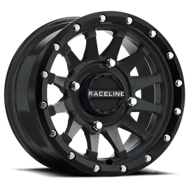 Black Raceline Trophy wheel 15x6 for Polaris RZR with 4/156 bolt pattern and +40mm offset, featuring a sleek multi-spoke design.