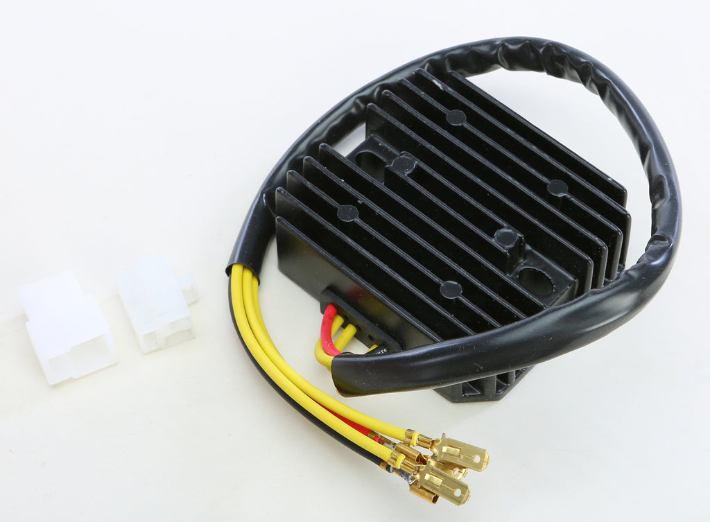 Ricks Motorsport Electric regulator and rectifier for motorcycle electrical systems, shown in close-up view.