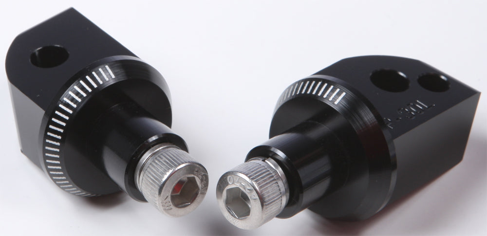 PUIG Footpeg Adapter 561-06647BK for motorcycle foot controls, black metal component with mounting holes and adjustable features.