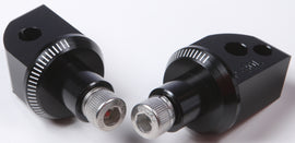 PUIG Footpeg Adapter 561-06647BK for motorcycle foot controls, black metal component with mounting holes and adjustable features.