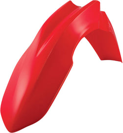Acerbis red front fender motorcycle part with mounting points, designed for off-road or dirt bikes, showcasing a sleek, durable finish.