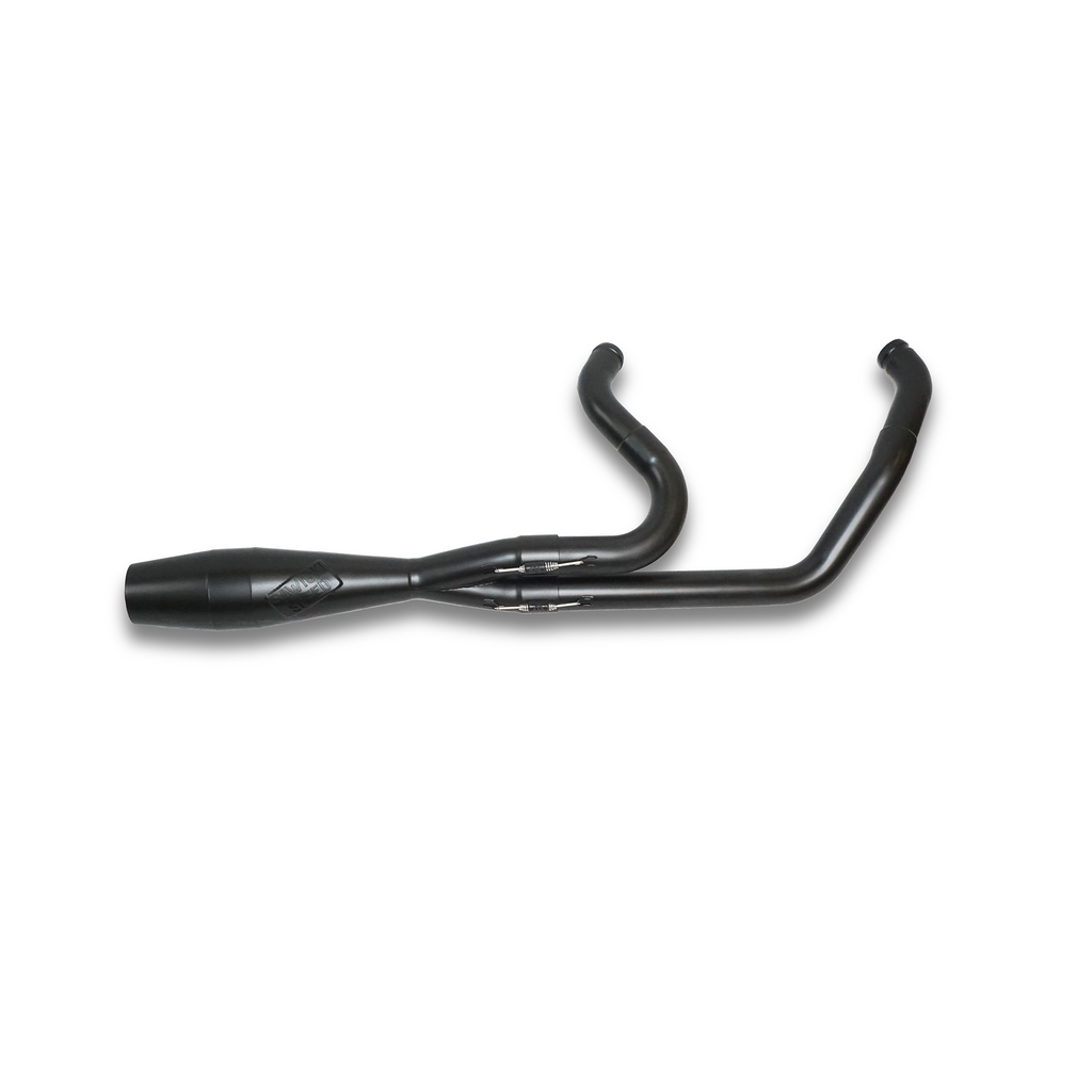 Sawicki Speed Shop M8 Softail shorty exhaust in black with sleek design, shown on a motorcycle.