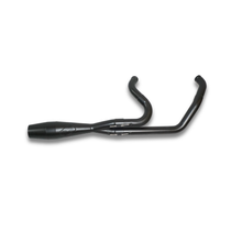Load image into Gallery viewer, Sawicki Speed Shop M8 Softail shorty exhaust in black with sleek design, shown on a motorcycle.