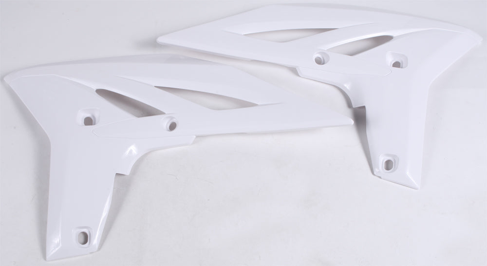 White Acerbis radiator shrouds for dirt bikes, featuring a sleek design and durable plastic construction.