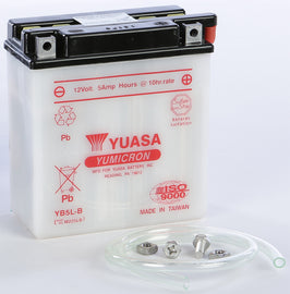 Yuasa YB5L-B conventional motorcycle battery showing terminals and size, designed for reliable vehicle power.