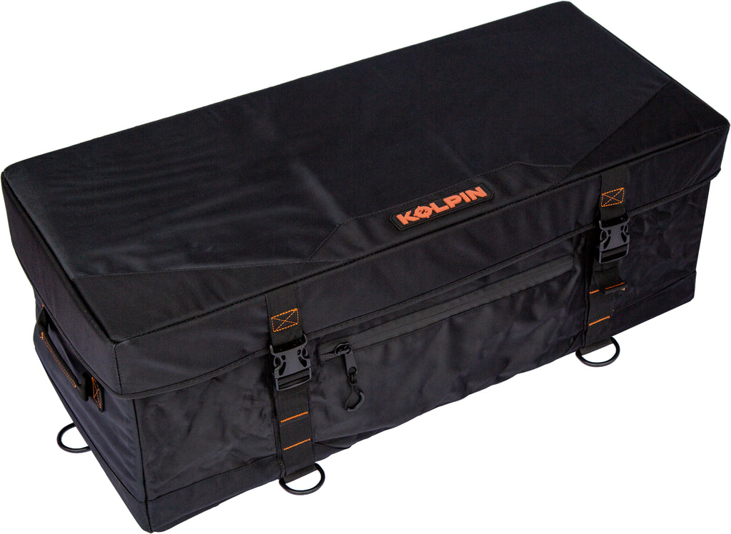 Kolpin Semi Rigid Rear XL Storage Luggage in black mounted on off-road vehicle, durable and spacious for gear storage.