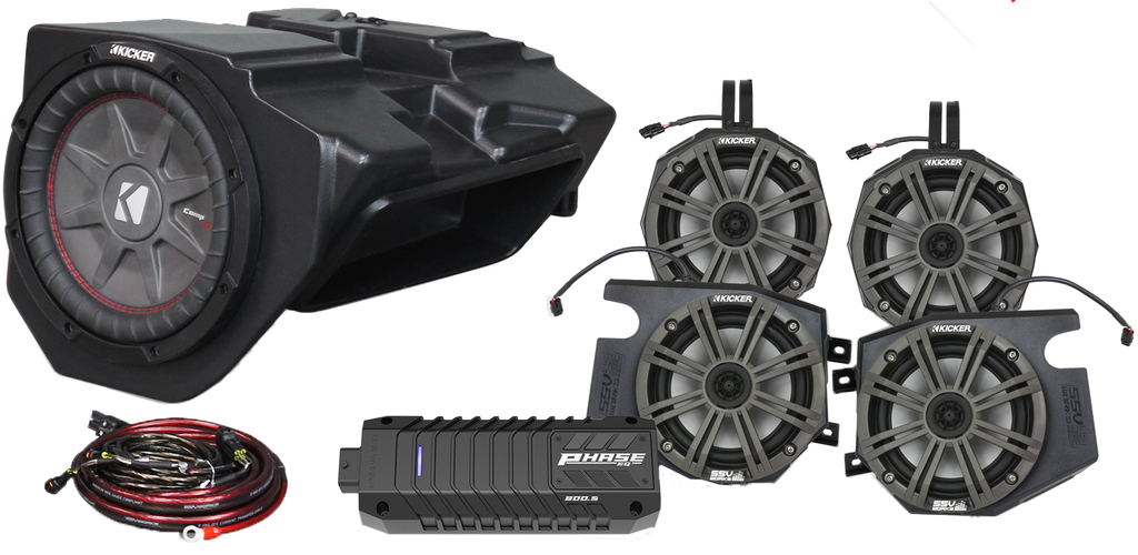 SSV Works 5-speaker plug-and-play kit compatible with Kicker Ride Command system, showing connectors and speaker components.
