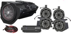 SSV Works 5-speaker plug and play kit for Kicker Ride Command, featuring audio components and wiring for vehicle sound system setup.