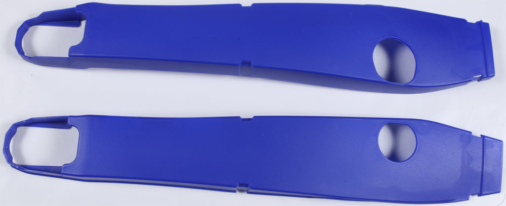 Blue Polisport Plastics swingarm protectors for Yamaha YZ250 motorcycle, featuring durable plastic construction and secure mounting points.