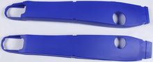 Load image into Gallery viewer, Blue Polisport Plastics swingarm protectors for Yamaha YZ250 motorcycle, featuring durable plastic construction and secure mounting points.