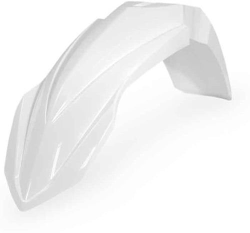 Acerbis white front fender for motorcycles, showcasing its smooth, durable plastic surface and mounting edges.