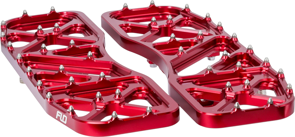 Flo Motorsports V5 Floorboards in red for Indian motorcycles, showcasing durable foot controls with textured surface and mounting hardware.