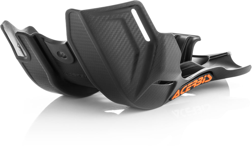 Acerbis black skid plate for off-road motorcycles, shown attached to the underside of the bike for protection.